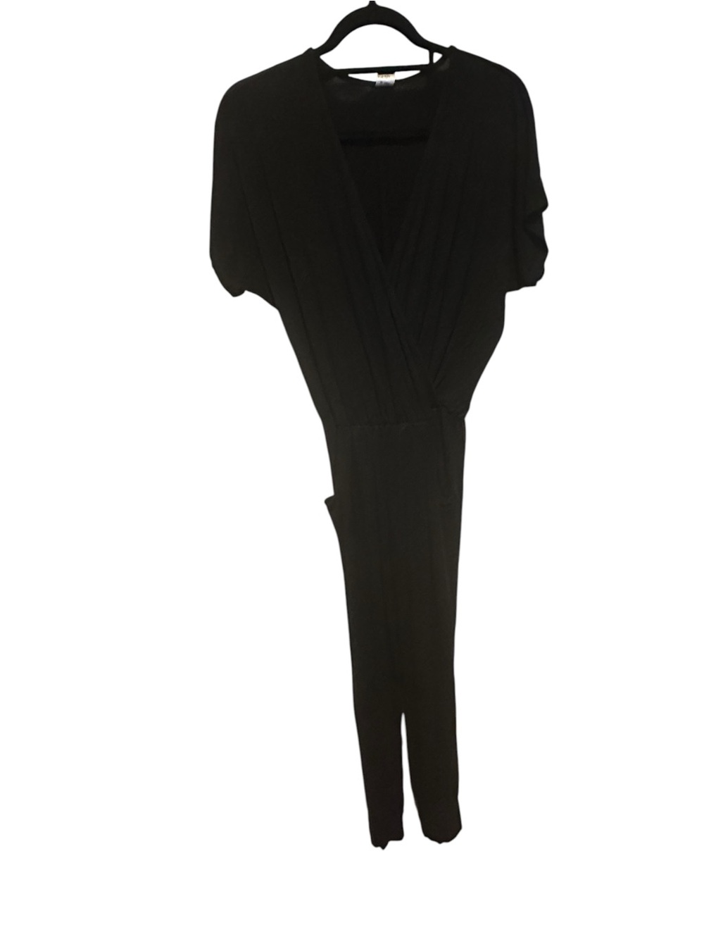 Loveappella Black Wrap-Front V-Neck Stretchy Material Lightweight Jumpsuit Large